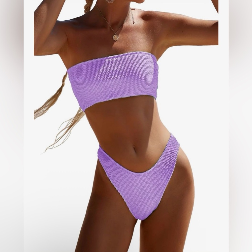 NEW Two Piece Bandeau Swimsuit Cheeky Bottom
Ribbed Strapless tube Bikini Top S